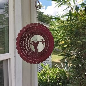 Hummingbird Wind Spinner Metal Hanging NWT 6.5" Garnet Red Enamel 3D Kinetic Art